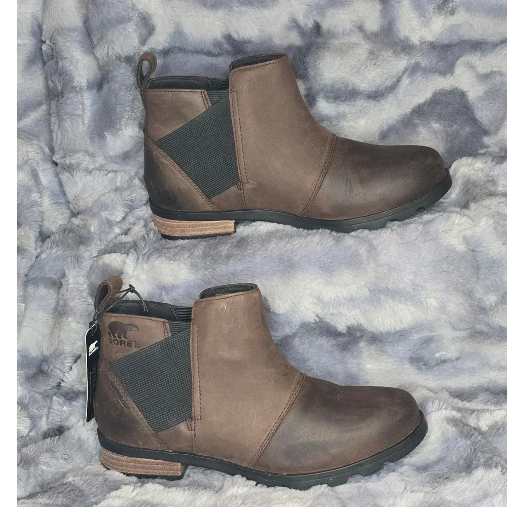 NWT Sorel Waterproof Emelie Brown Leather Ankle Boots w/ elasticized gores US 7 - Picture 3 of 8